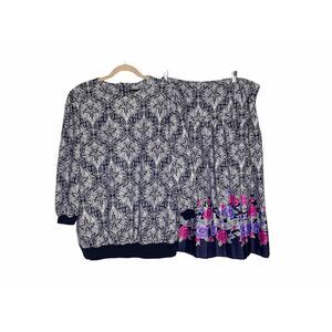 Jenny VINTAGE BLOUSE &‎ SKIRT SET SUIT FLORAL SCROLL PRINT NAVY WHITE